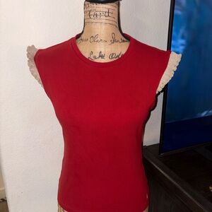 Nautica women’s solid red cotton sleeveless top with ruffle gold trim.